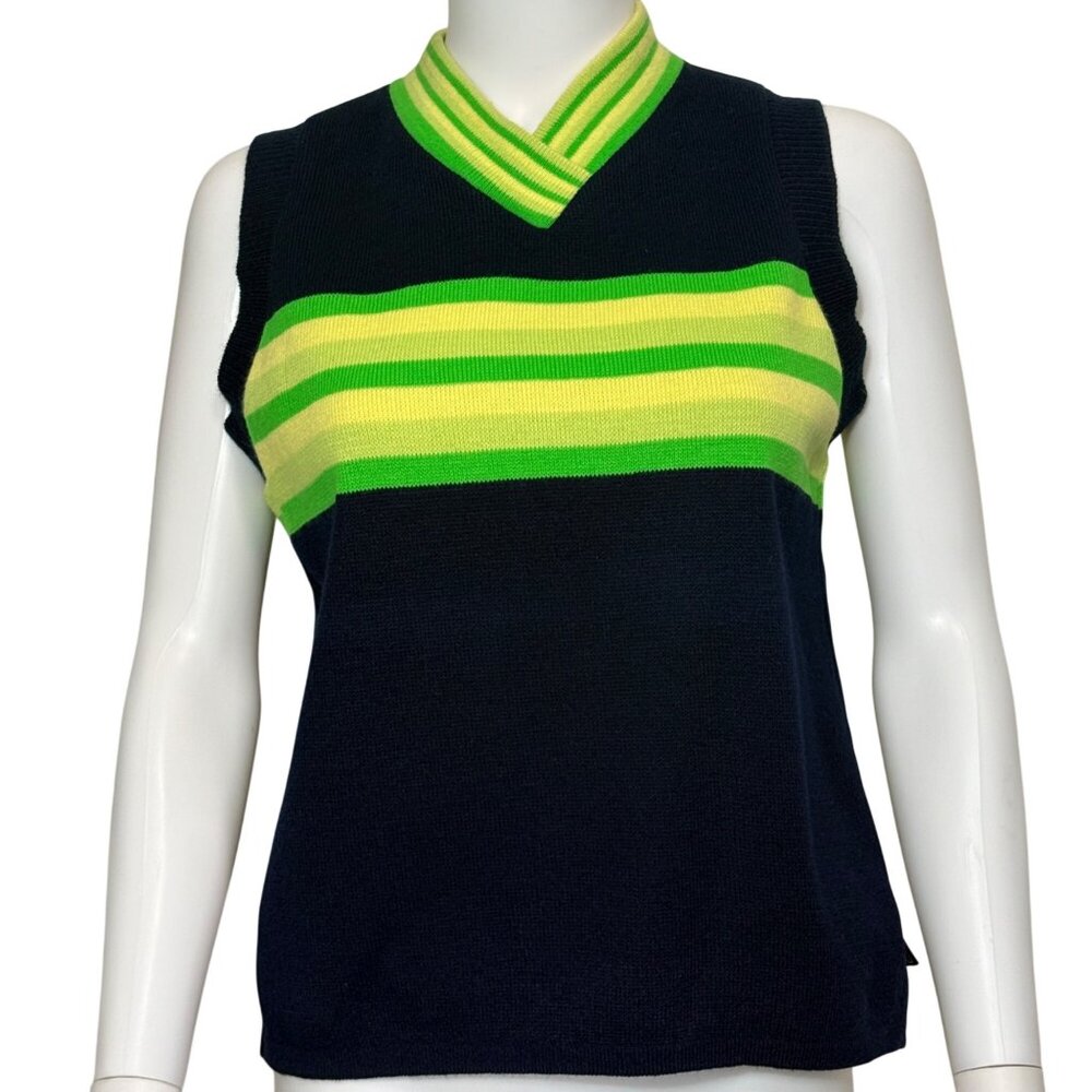 Gen X Sweater Vest Womens L Navy Green Striped 90s Acrylic Sleeveless USA